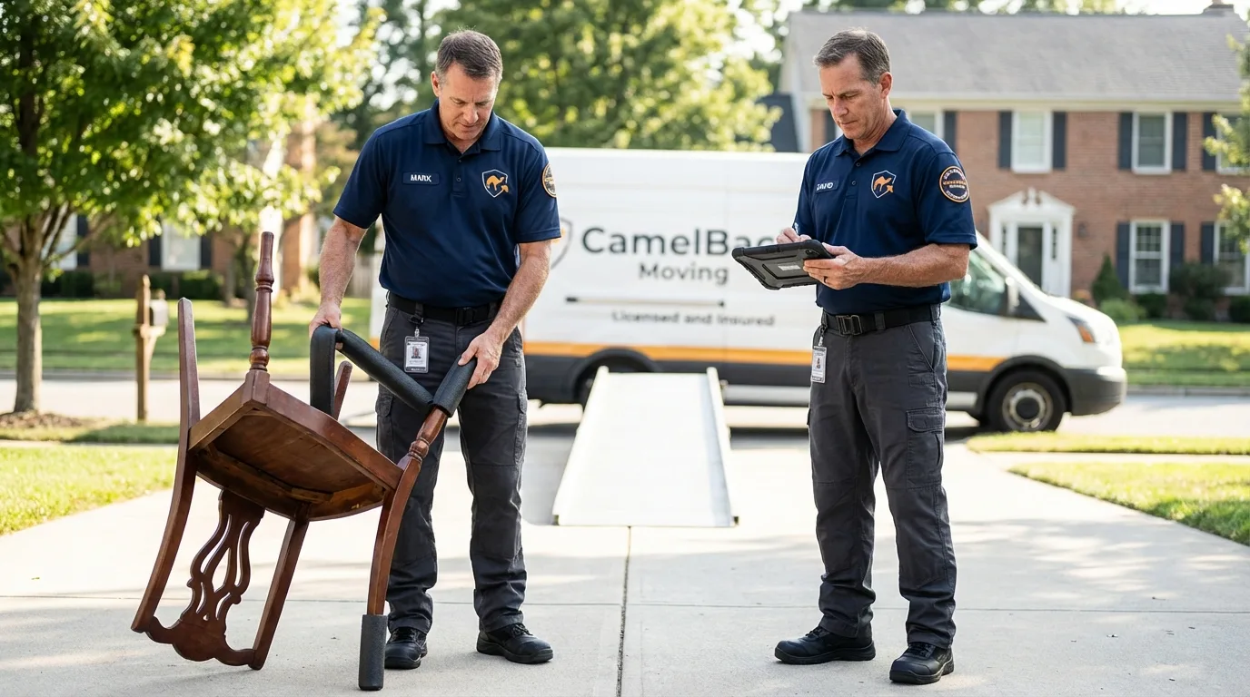 Movers inspecting furniture for damage prevention before loading in Pooler, GA